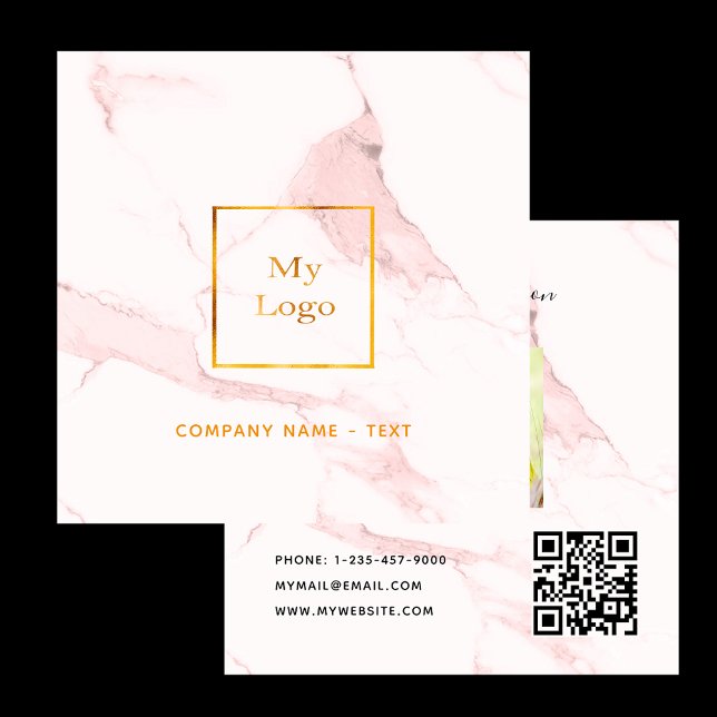 Blush pink marble gold photo logo QR code Square Business Card (Creator Uploaded)