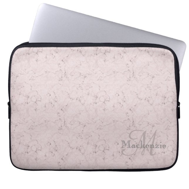 Blush Pink Marble Monogram Custom Name Laptop Sleeve (Front)