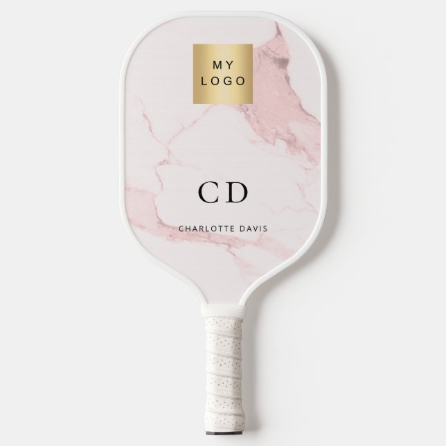 Blush pink marble monogram name business logo pickleball paddle (Front)