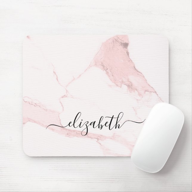 Blush pink marble monogram name elegant modern mouse pad (With Mouse)