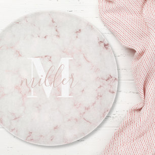 Blush Pink Marble Monogram Round Glass Cutting Board