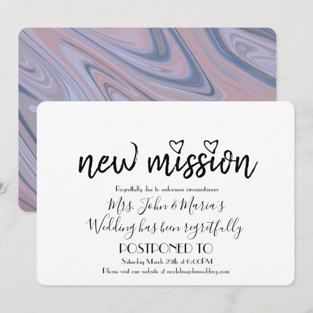 Blush Pink Marble New Mission Wedding Date Change Invitation (Front/Back)