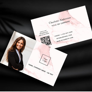 Blush pink marble photo QR code logo Business Card