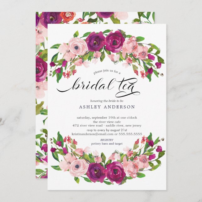 Blush Pink & Marsala Floral Bridal Tea Invitation (Front/Back)