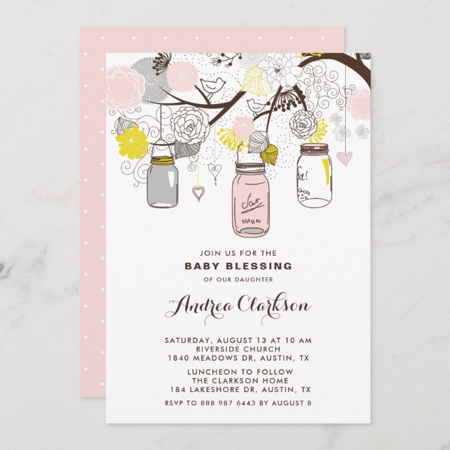 Blush Pink Mason Jars Floral Baby Blessing Invitation (Front/Back)