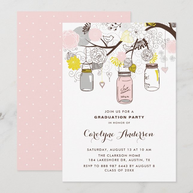 Blush Pink Mason Jars Floral Graduation Party Invitation (Front/Back)