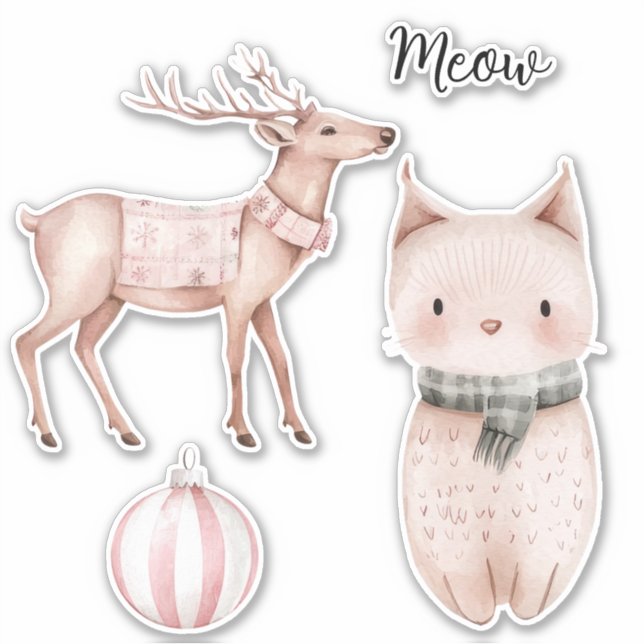 Blush Pink Meow Cat Deer Christmas Ornament (Front)