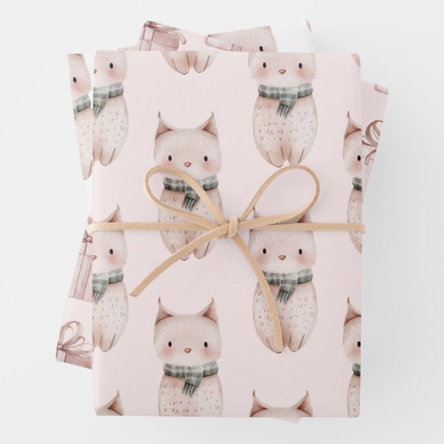 Blush Pink Meow Christmas Cat Gift Wrapping Paper Sheet (In situ)