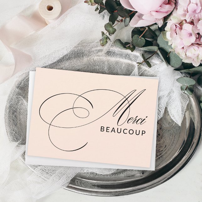 Blush Pink Merci Beaucoup Elegant Calligraphy Thank You Card (Show your taste and sense of style with this elegant thank you card in beautiful calligraphy script.)