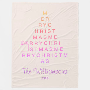 Blush Pink Merry Christmas Family Name Typography  Fleece Blanket