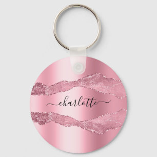 Blush pink metal agate marble name script keychain