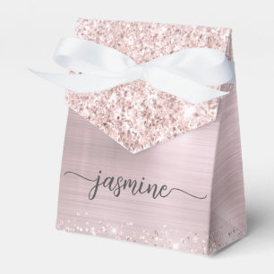 Blush Pink Metal Rose Gold Glitter Monogram Name Favor Box