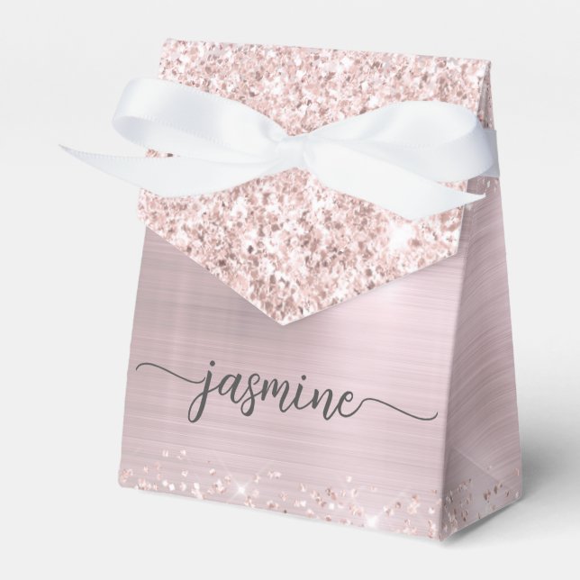 Blush Pink Metal Rose Gold Glitter Monogram Name Favor Box (Front Side)