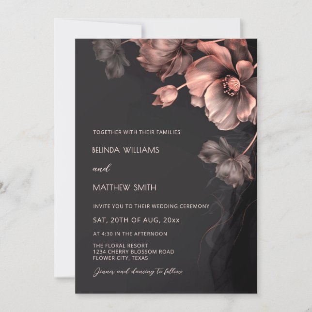 Blush Pink Metallic 3 D Flowers Wedding Invitation (Front)