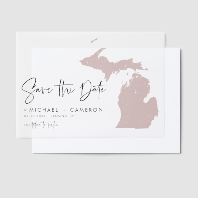 Blush Pink Michigan Map Minimalist Save the Date Vellum Invitations (Offset)