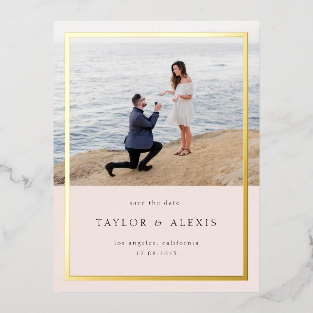 Blush Pink Minimalist Frame Photo Save the Date Foil Invitation Postcard (Front)