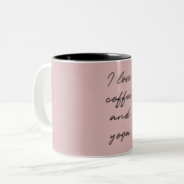 Blush Pink Minimalist Script I love coffee & yoga Two-Tone Coffee Mug (Front Left)