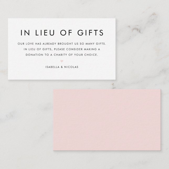 Blush Pink Minimalist Typography In Lieu Of Gifts Enclosure Card (Front/Back)