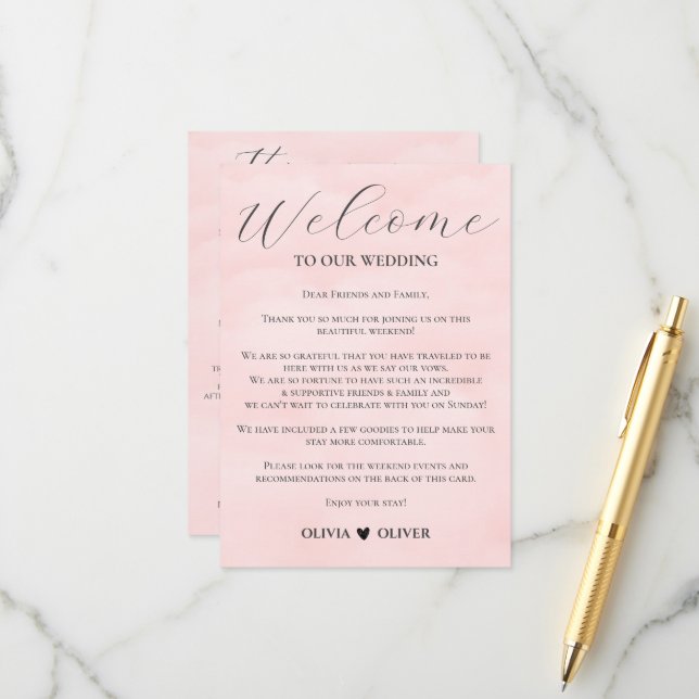 Blush pink minimalist wedding weekend itinerary enclosure card (Front/Back In Situ)