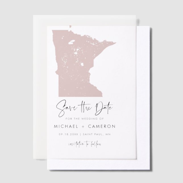 Blush Pink Minnesota Map Minimalist Save the Date Vellum Invitations (Offset)