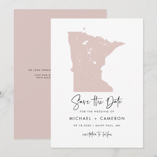 Blush Pink Minnesota Map Minimalist Script Wedding Save The Date (Front/Back)