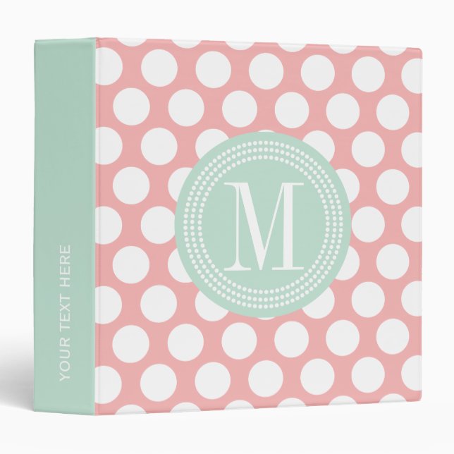 Blush Pink & Mint Big Polka Dots Monogrammed Binder (Front/Spine)