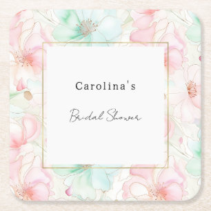 Blush Pink Mint Flowers Bridal Shower Square Paper Coaster