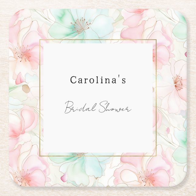 Blush Pink Mint Flowers Bridal Shower Square Paper Coaster (Front)