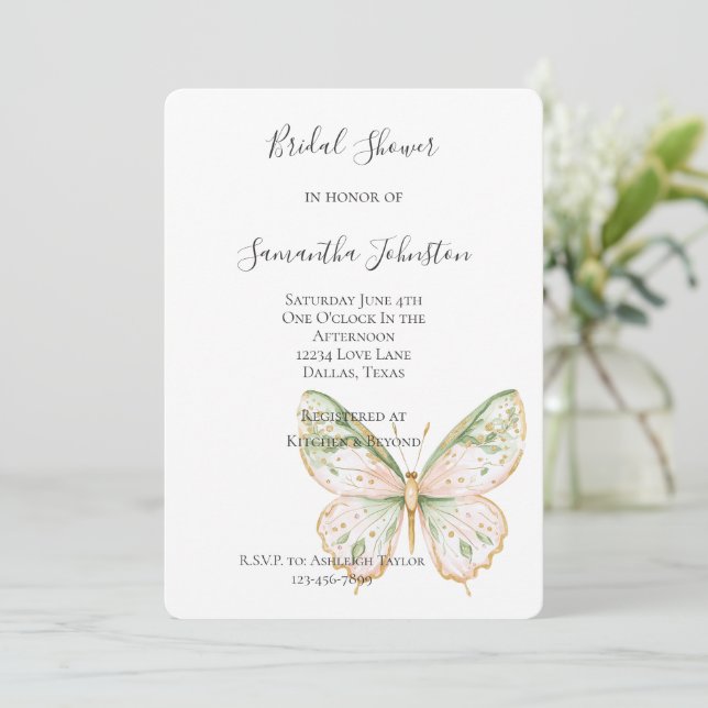 Blush Pink Mint Green Gold Butterfly Bridal Shower Invitation (Standing Front)