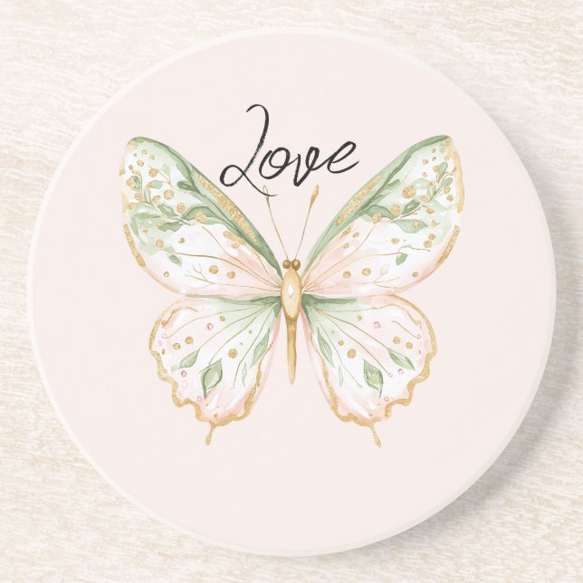 Blush Pink Mint Green Gold Butterfly Love Coaster (Front)