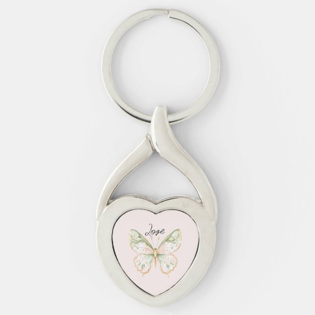 Blush Pink Mint Green Gold Butterfly Love Keychain (Front)