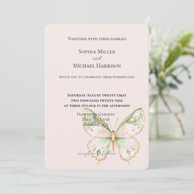Blush Pink Mint Green Gold Butterfly Wedding Invitation (Standing Front)