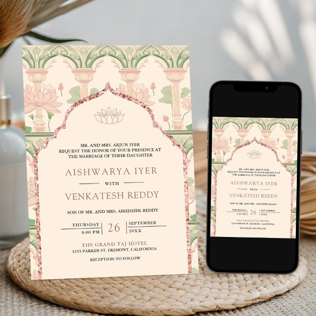 Blush Pink Mint Green Lotus Garden Indian Wedding Invitation (Creator Uploaded)