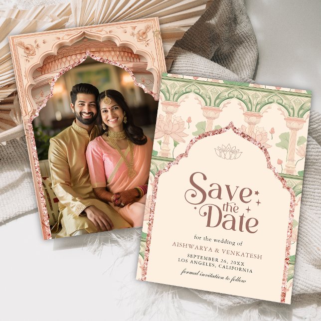 Blush Pink Mint Green Lotus Garden Indian Wedding Save The Date (Creator Uploaded)