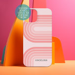 Blush Pink Mod Retro Striped Pattern Custom Name iPhone 15 Case<br><div class="desc">70s Inspired Retro Stripes - A funky pattern with bold stripes and a monogram of your first or last name. If your art still needs to be adjusted, click on the Customize This button. This will take you to a design area where you can move things around and even change...</div>