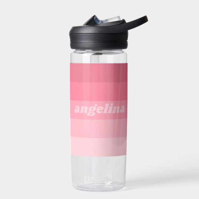 Blush Pink Mod Retro Striped Pattern Custom Name Water Bottle (Left)