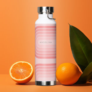 Blush Pink Mod Retro Striped Pattern Custom Name Water Bottle