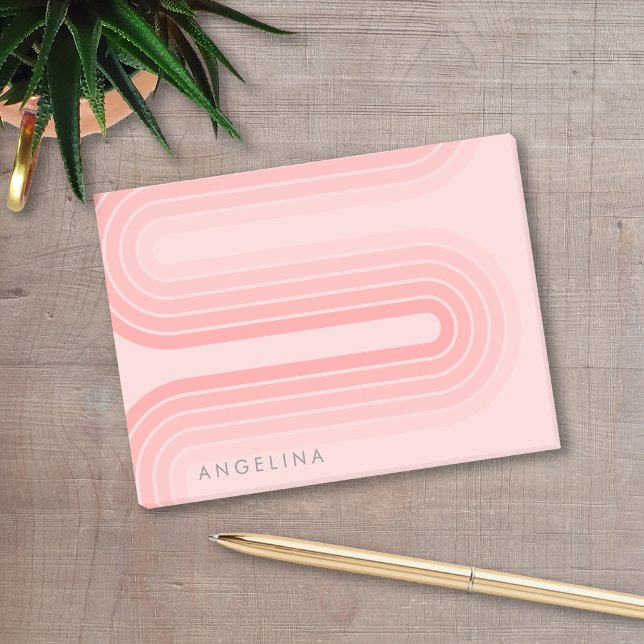 Blush Pink Mod Striped Pattern Custom Name Post-it Notes (A retro 70s line art design with blush pink curves and stripes. Add your name to personalize this!)