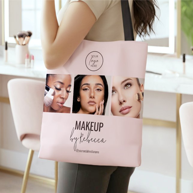 Blush Pink Modern 3 Photo Makeup Studio Logo Tote Bag (Modern blush pink design with 3 photo slots for your model photography)