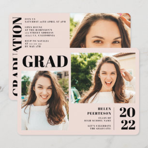 Blush pink modern 3 photos graduation invitation