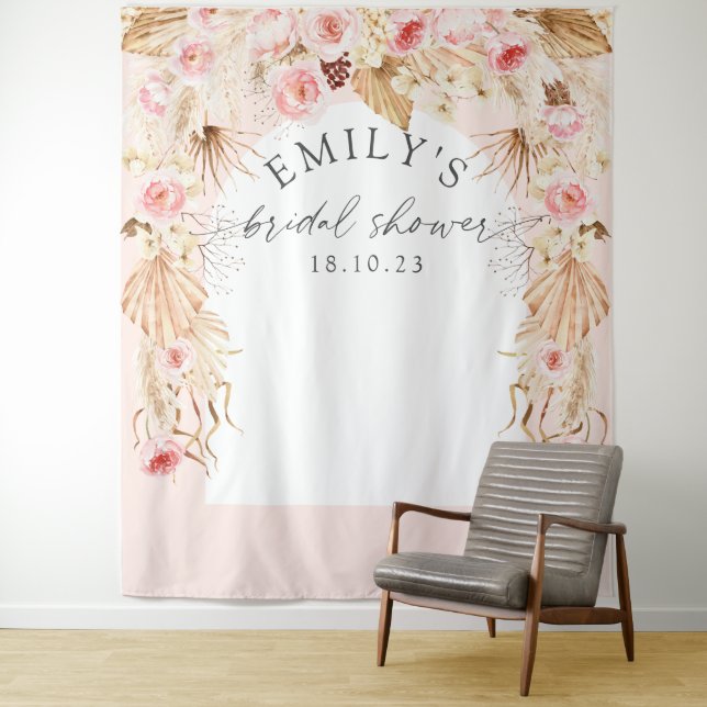 Blush pink Modern arch Boho floral pampas backdrop Tapestry (In Situ)