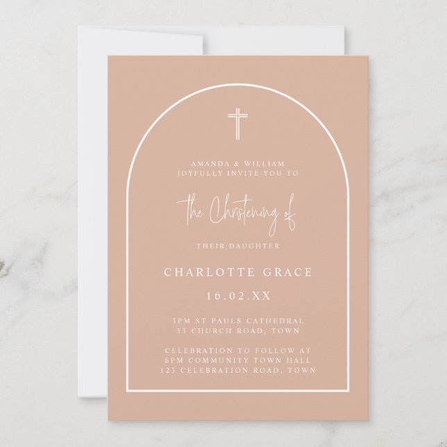 Blush Pink Modern Arch Script Minimal Christening Invitation (Front)