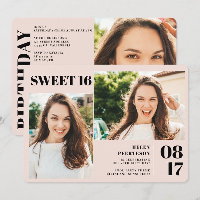 Blush pink modern bold 3 photos Sweet 16 birthday Invitation (Front/Back)