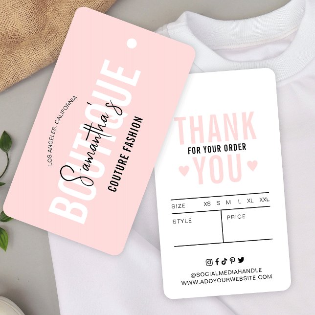 Blush Pink Modern Clothing Boutique Price Hang Tag (Feminine pink aesthetic clothing price tags with sizing table and thank you note)