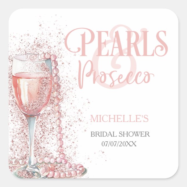 Blush Pink Modern Glitter Pearls and Prosecco Square Sticker (Front)