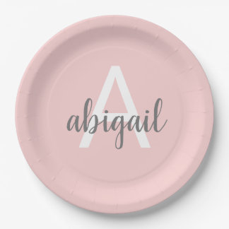 Blush Pink Modern Grey Cute Monogram Paper Plate