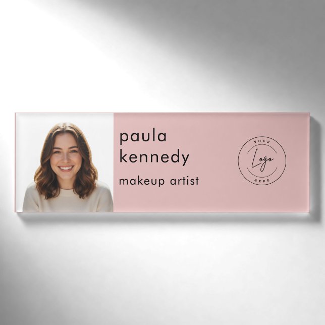 Blush Pink Modern Logo Photo Makeup Name Tag (Front)