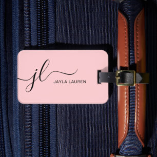 Blush Pink Modern Minimalist Monogram Script Luggage Tag