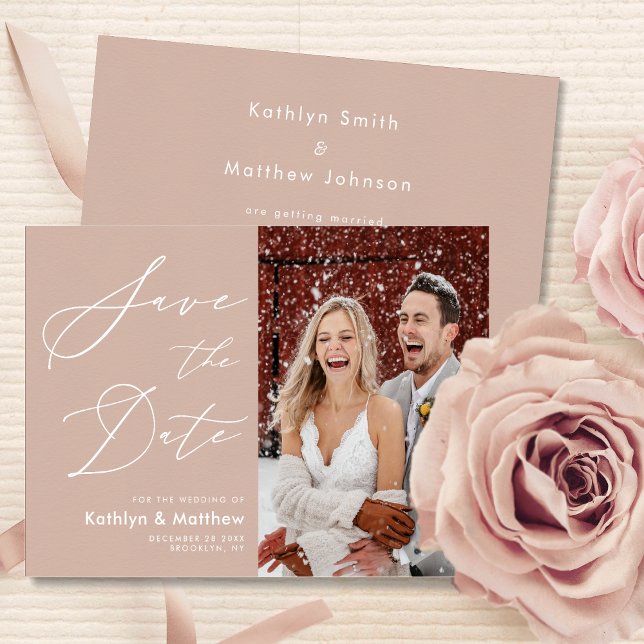 Blush Pink Modern Photo Elegant Script Wedding Save The Date (Creator Uploaded)