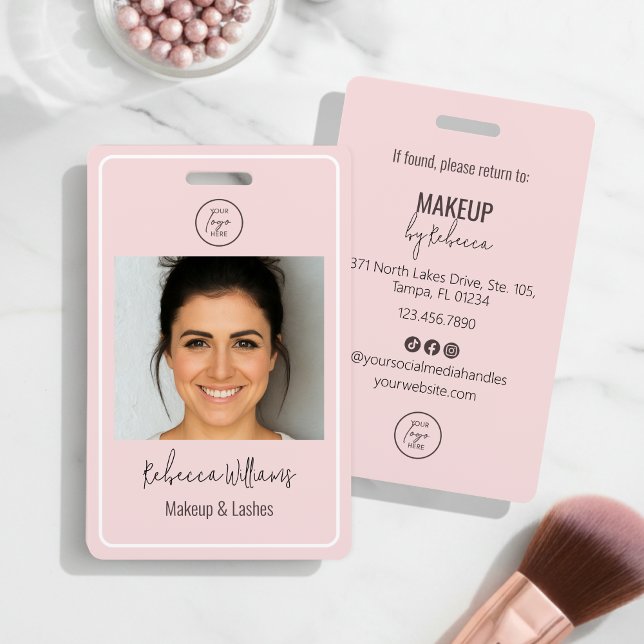 Blush Pink Modern Photo Logo Makeup Employee Badge (Modern and elegant blush pink with space for a staff photo and your business detail to the reverse)